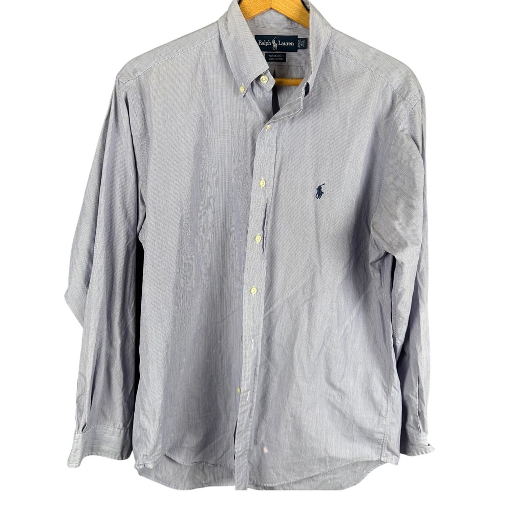 Ralph Lauren Yarmouth Men 15.5 34/35 Blue White Striped Cotton Button Down Shirt